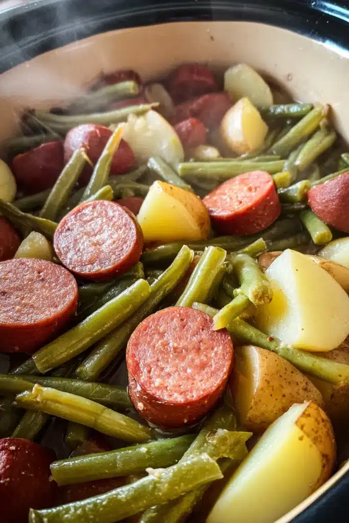 Crockpot Kielbasa and Green Beans 3 Crockpot Kielbasa and Green Beans with potatoes in slow cooker