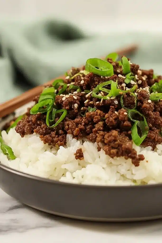 Delicious Korean Ground Beef Bowl 2 Delicious Korean Ground Beef Bowl with rice and sesame seeds