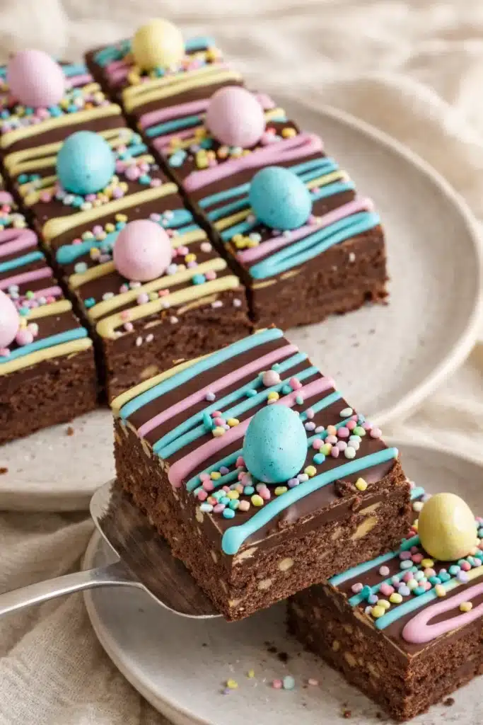 Fudgy Easter brownies with pastel drizzle and mini candy eggs