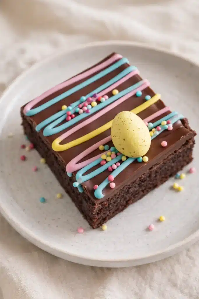 Easter Brownies with pastel drizzle and candy egg on plate