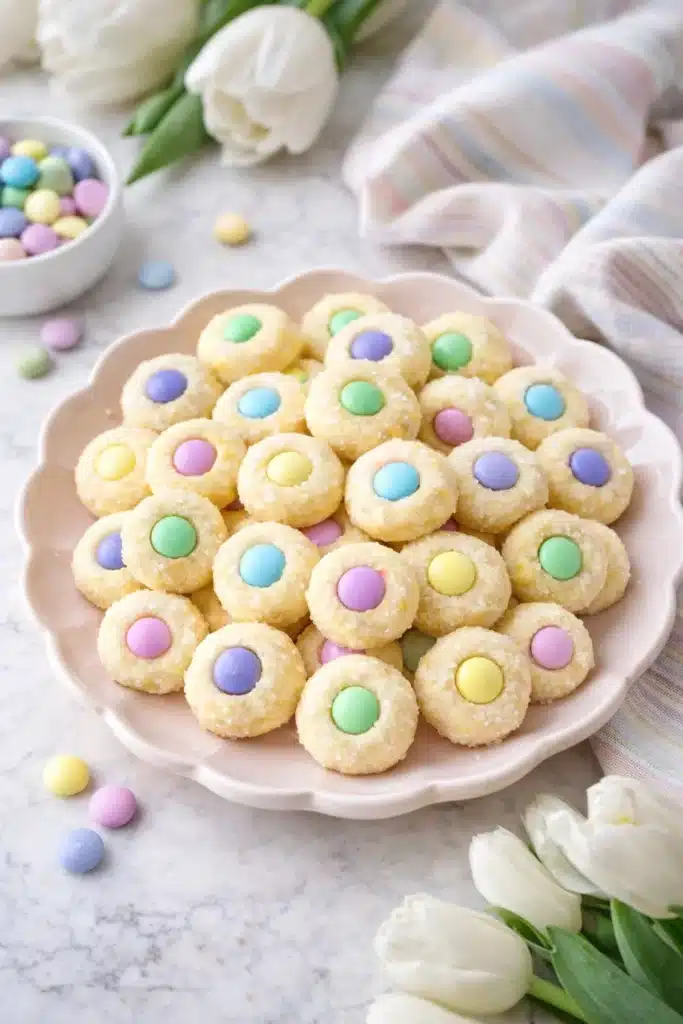 Pastel Easter Bunny Button Cookies on ceramic plate with colorful candy centers