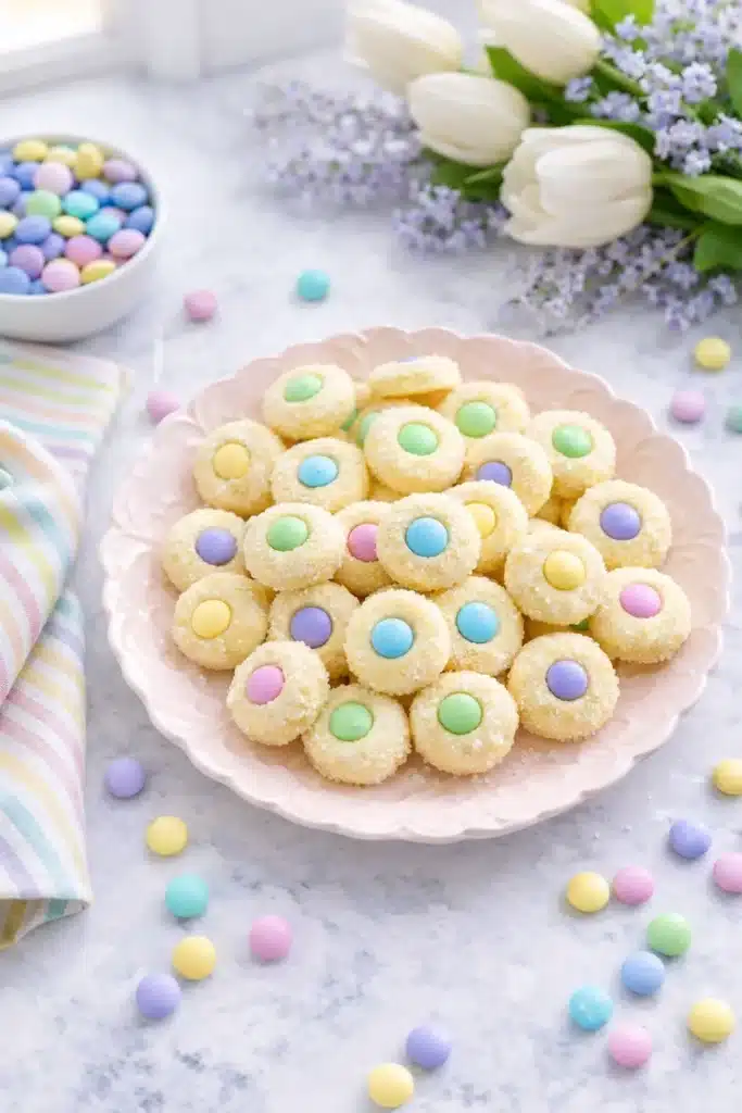 Pastel Easter Bunny Button Cookies on ceramic plate with colorful candy centers