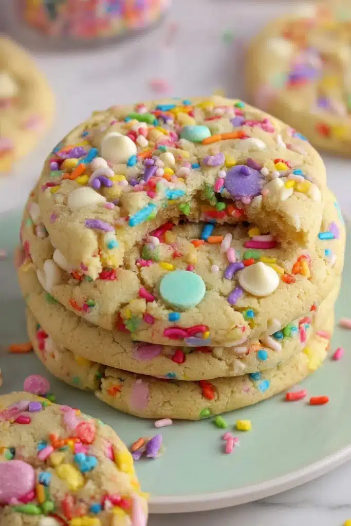 Stack of soft Easter cookies with colorful sprinkles and white chocolate chunks