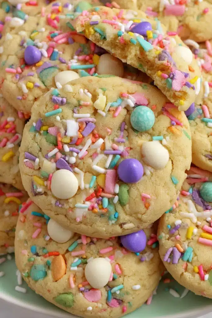 Overhead view of soft Easter Cookies with pastel sprinkles and white chocolate