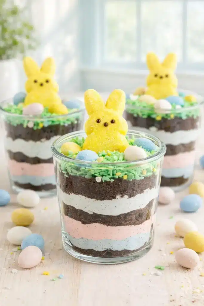 Easter Dirt Cups That Are Fun, Creamy, and Kid Approved 1 Easter dirt cups with pastel pudding layers, Oreo crumbs, and marshmallow Peeps bunny topping