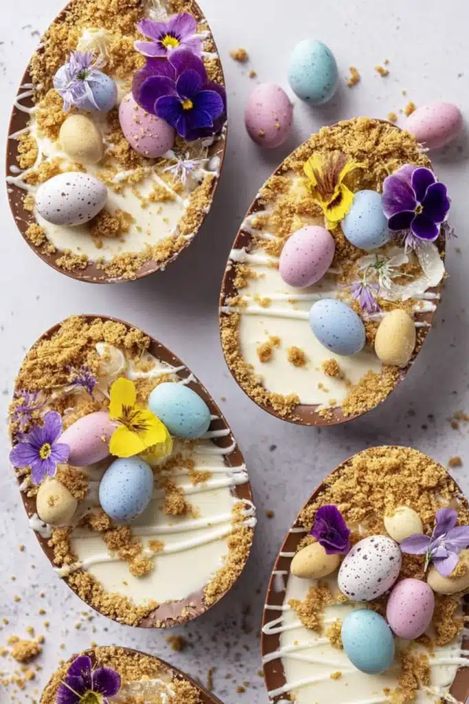 Easter Egg Cheesecake Recipe That Will Make You Smile 1 Easter egg cheesecakes with pastel mini eggs, cookie crumbs and edible flowers