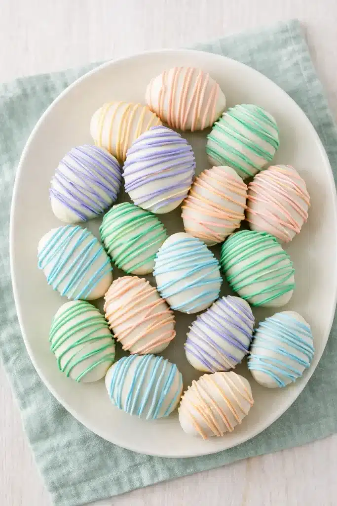 Easter Egg Oreo Cookie Balls That Are Easy and Adorable 2 Easter Egg Oreo Cookie Balls with pastel drizzle on white plate