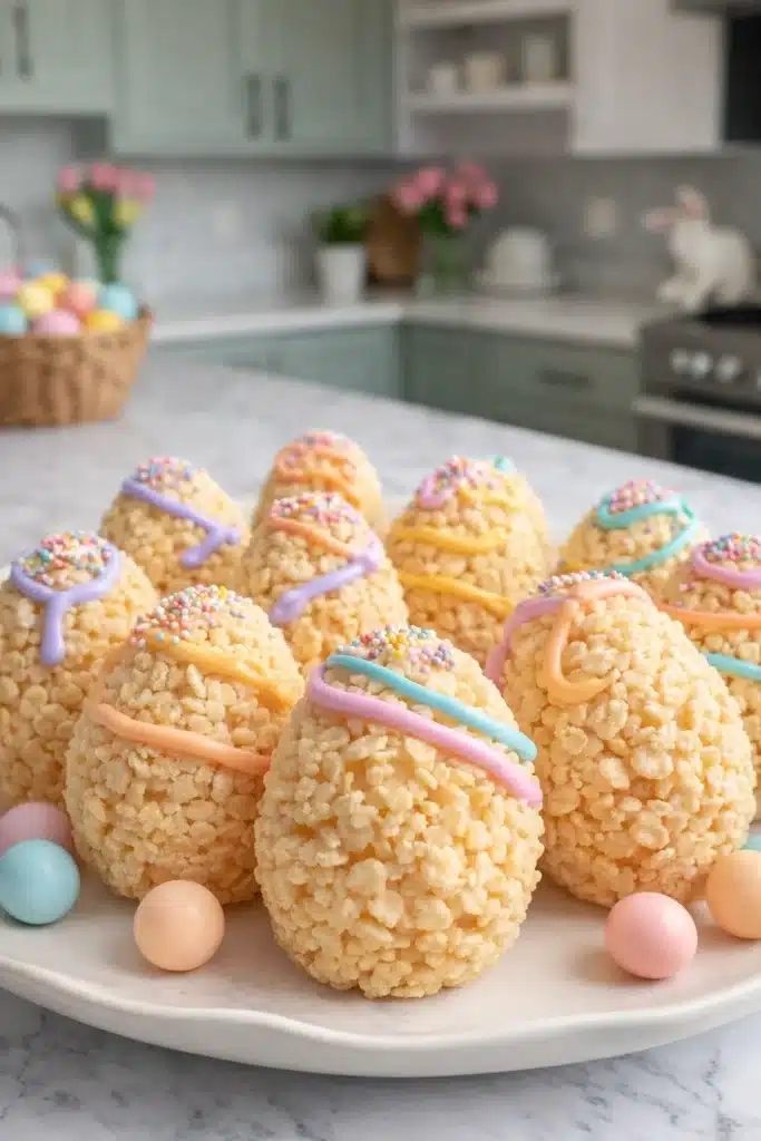 Easter Egg Rice Krispies 2 Easter Egg Rice Krispies treats with pastel icing on marble countertop