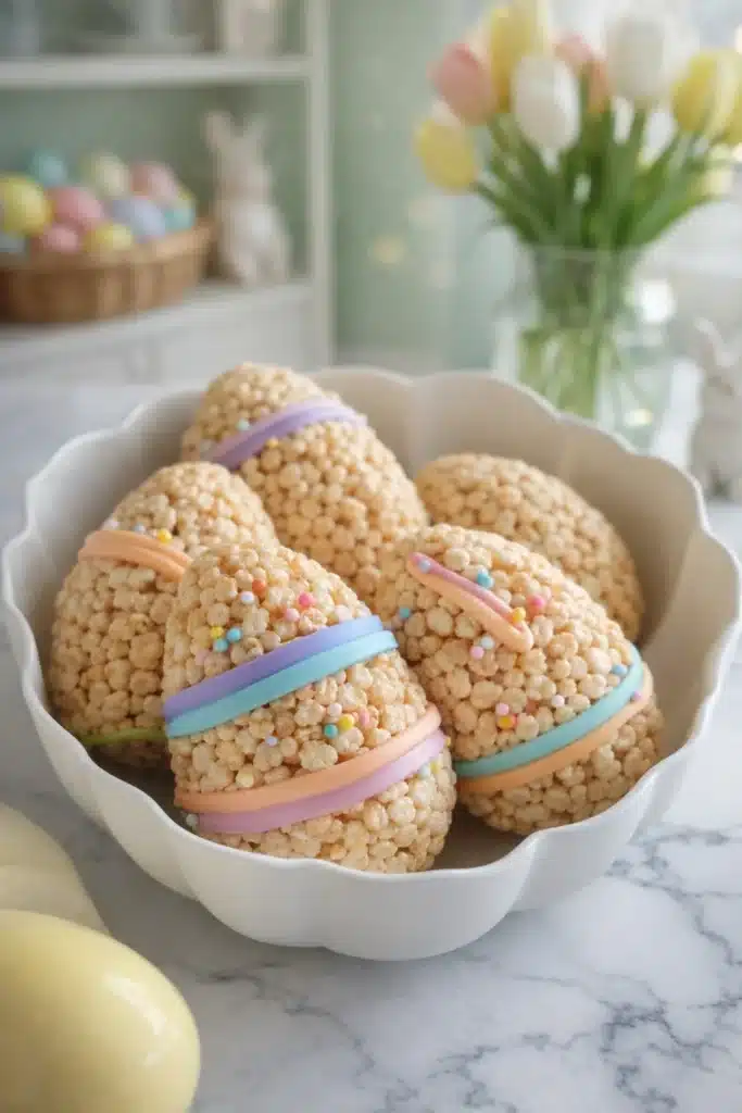 Easter Egg Rice Krispies 1 Close-up of Easter Egg Rice Krispies with pastel icing in bowl