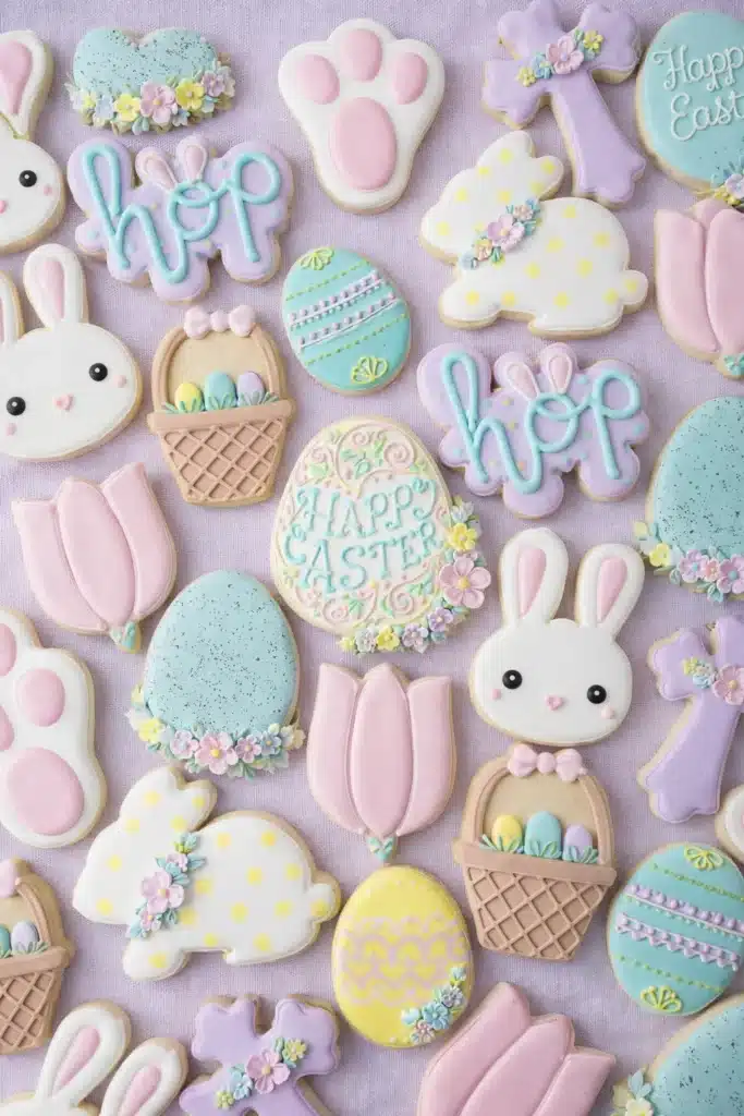 Assorted pastel Easter Sugar Cookies decorated with royal icing designs