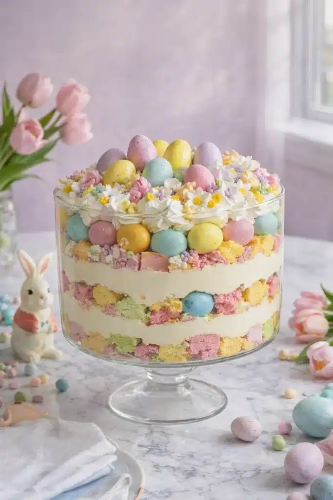 Pastel Easter trifle dessert in glass bowl with layered cake, pudding and candy eggs