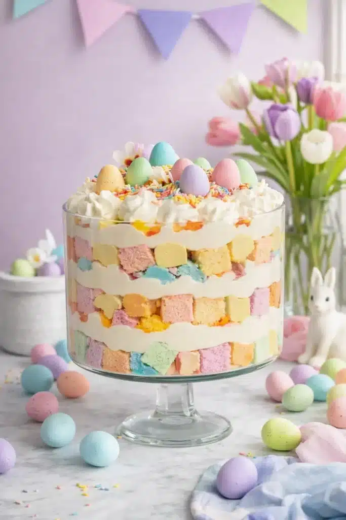 Easter Trifle Dessert layered with pastel cake and creamy pudding in glass bowl