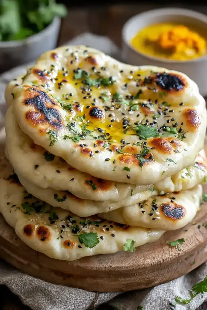 Easy Homemade Naan Bread Recipe 2 Easy Homemade Naan Bread brushed with butter and sprinkled with herbs