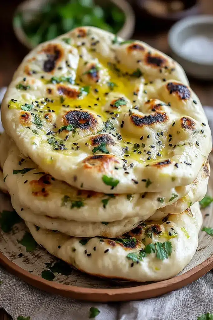 Easy Homemade Naan Bread Recipe 1 Stack of warm homemade naan bread with butter, cilantro, and sesame seeds on a rustic plate