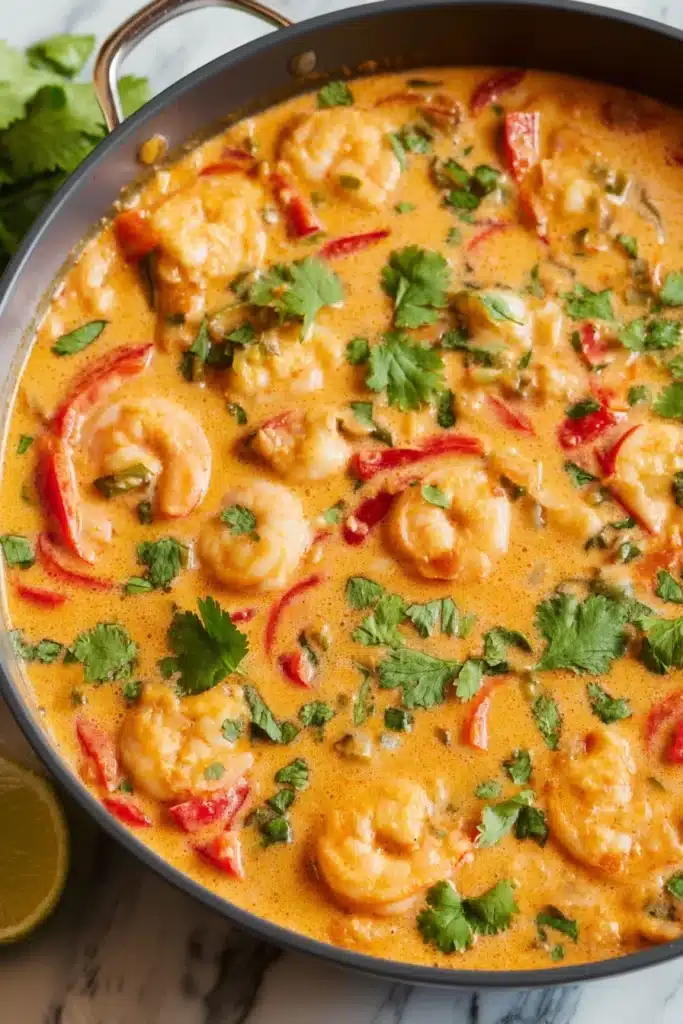 Easy Thai Shrimp Soup 1 Creamy Thai shrimp soup with coconut curry, shrimp, red peppers, and cilantro in a black pot