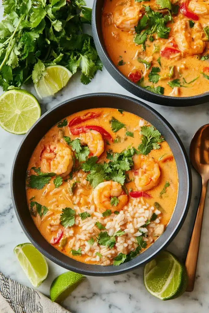 Easy Thai Shrimp Soup 2 Bowl of Easy Thai Shrimp Soup with rice, shrimp, coconut curry, and cilantro garnish