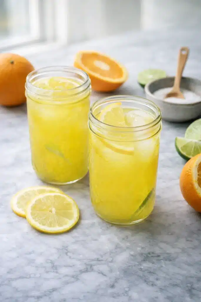 Electrolyte Drink Recipe for Natural Hydration and Energy 2 Homemade electrolyte drink with lemon slices and ice in glass jars