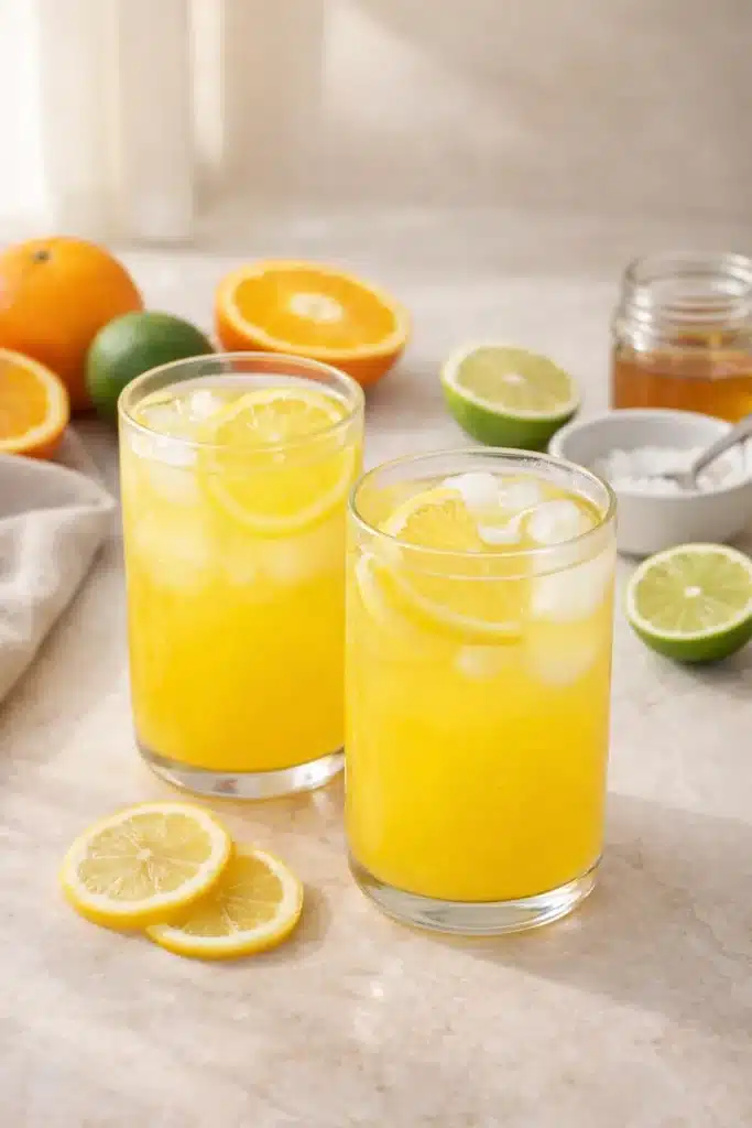 Electrolyte Drink Recipe for Natural Hydration and Energy 1 Homemade electrolyte drink with lemon slices and ice in glass jars