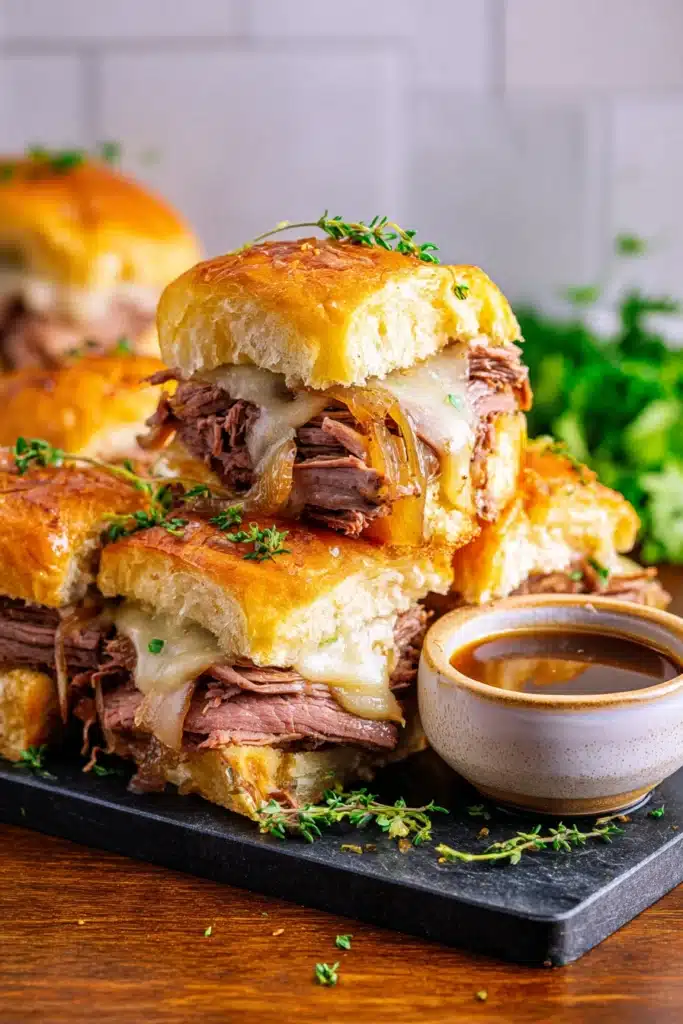 French Dip Sliders Easy, Cheesy, Crowd Pleasing Lunch 1 Stacked French dip sliders with roast beef, melted Swiss cheese, and au jus on slate board