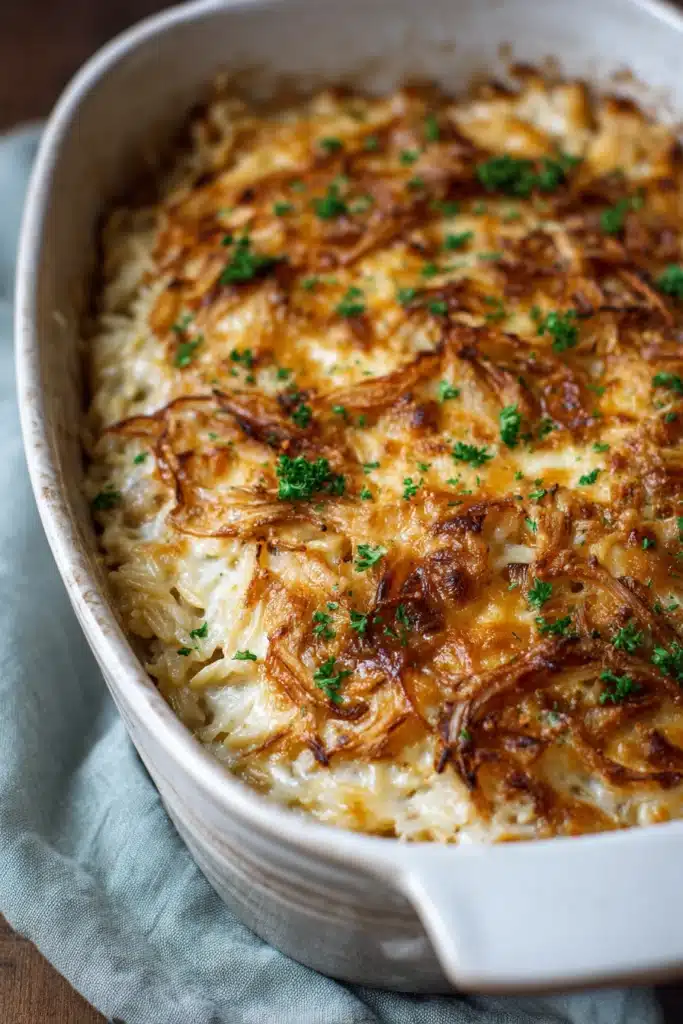 French Onion Chicken Orzo Casserole 1 French onion chicken orzo casserole with caramelized onions and melted cheese in baking dish