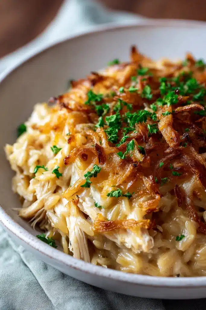 French Onion Chicken Orzo Casserole 2 French Onion Chicken Orzo Casserole plated with caramelized onions and melted cheese