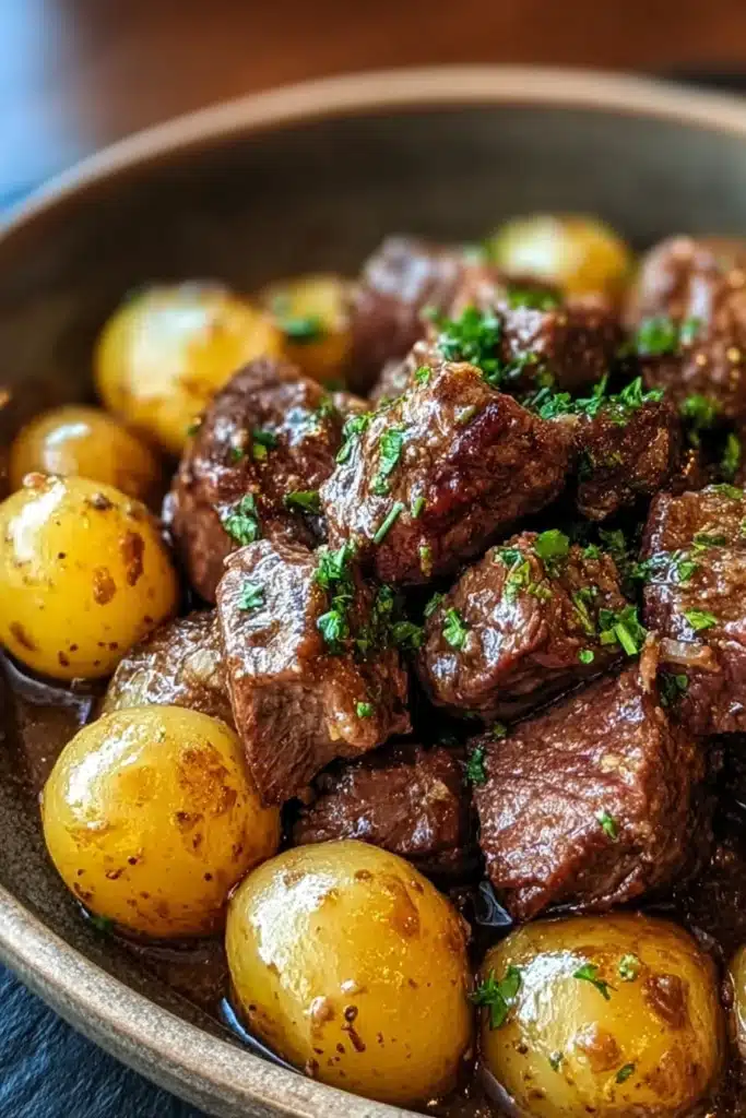Garlic Butter Beef Bites – Tender, Juicy, and Full of Flavor 2 Garlic butter beef bites with baby potatoes in rich sauce