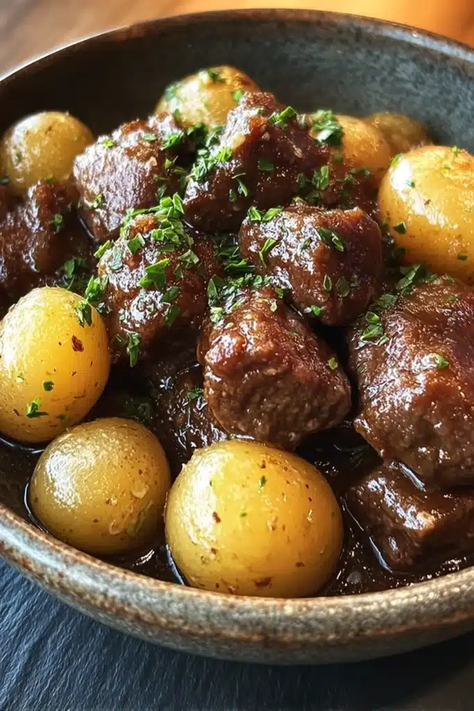 Garlic Butter Beef Bites – Tender, Juicy, and Full of Flavor 1 Garlic butter beef bites with golden potatoes in glossy sauce