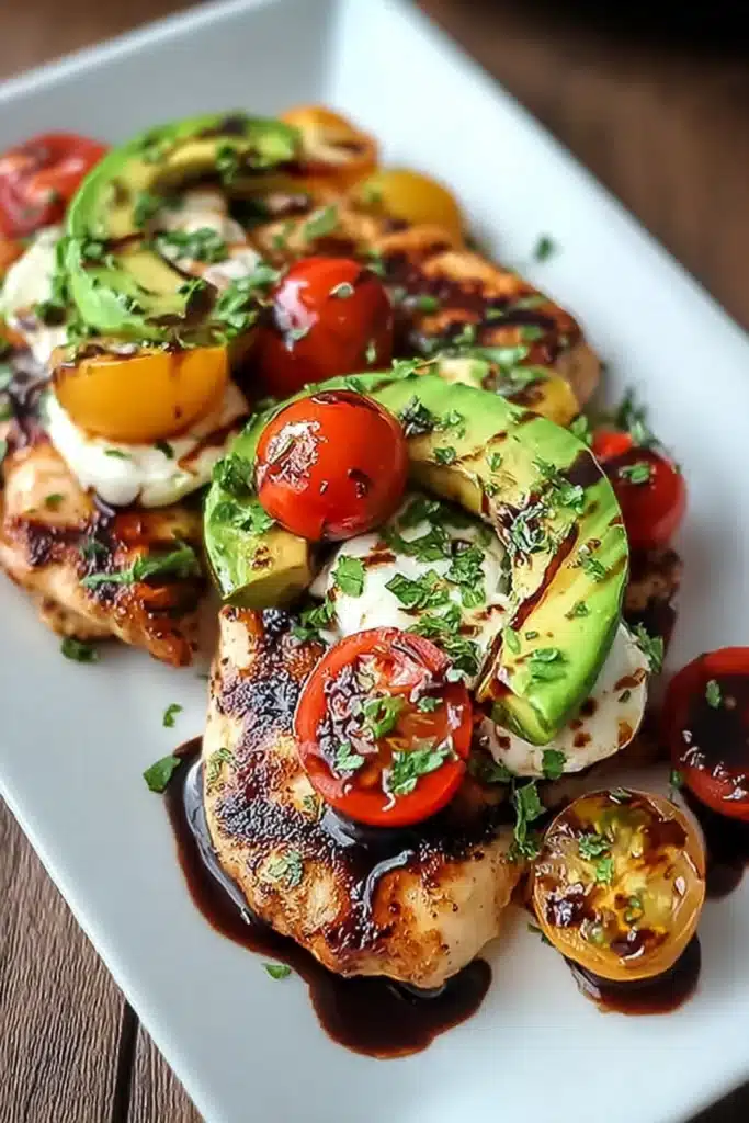 Grilled California Avocado Chicken Recipe 1 Grilled California avocado chicken with cherry tomatoes and balsamic glaze
