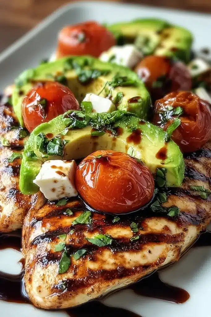 Grilled California Avocado Chicken Recipe 2 Close up of Grilled California Avocado Chicken with balsamic glaze and cherry tomatoes