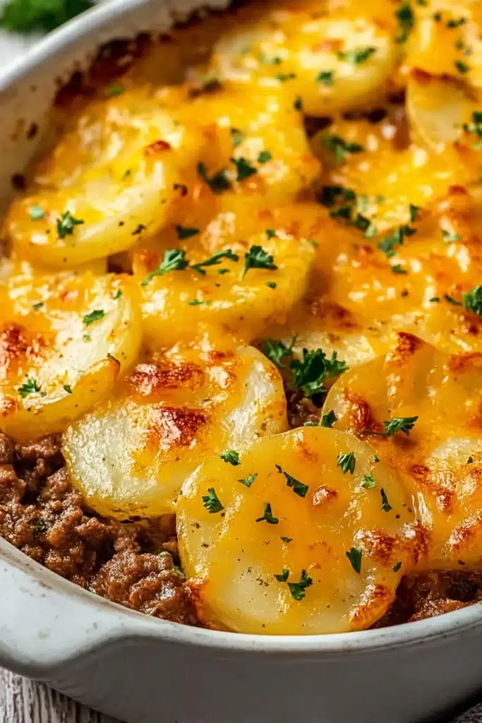 Hobo Casserole Ground Beef 2 Cheesy ground beef and potato casserole with melted cheddar and parsley garnish