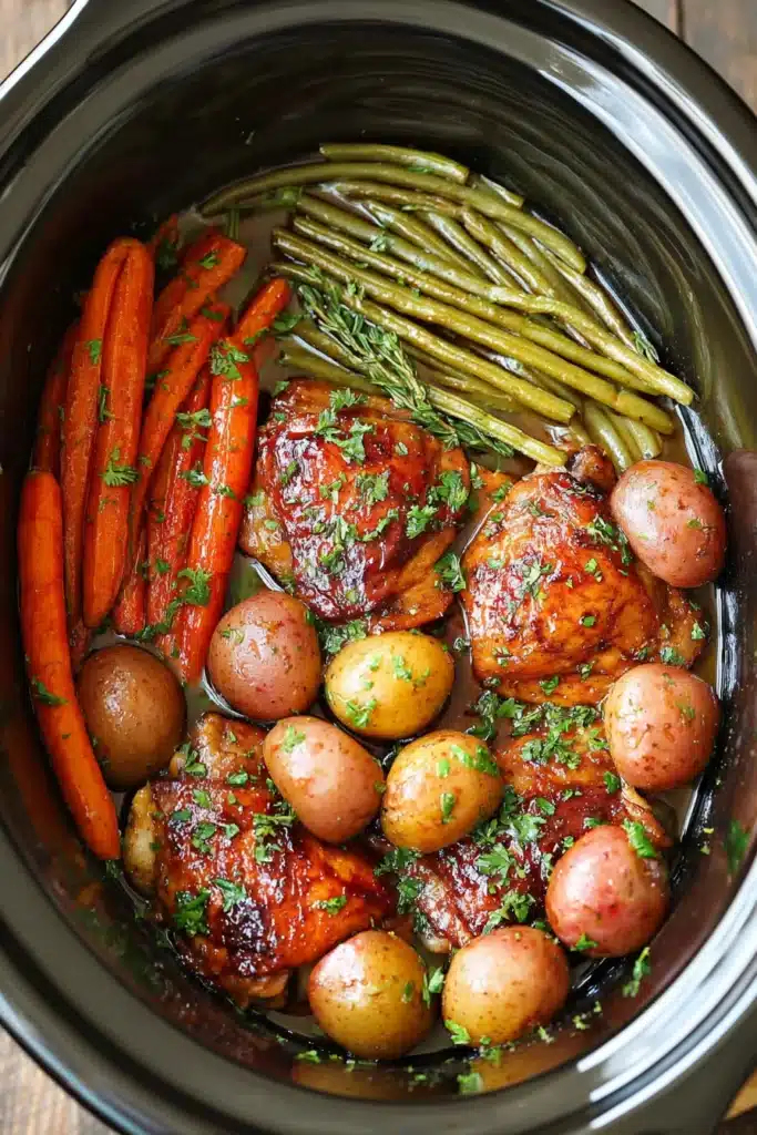 Honey garlic chicken and veggies in slow cooker with potatoes, carrots and green beans