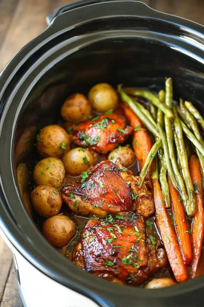 Honey Garlic Chicken and Veggies cooking in slow cooker with potatoes and carrots