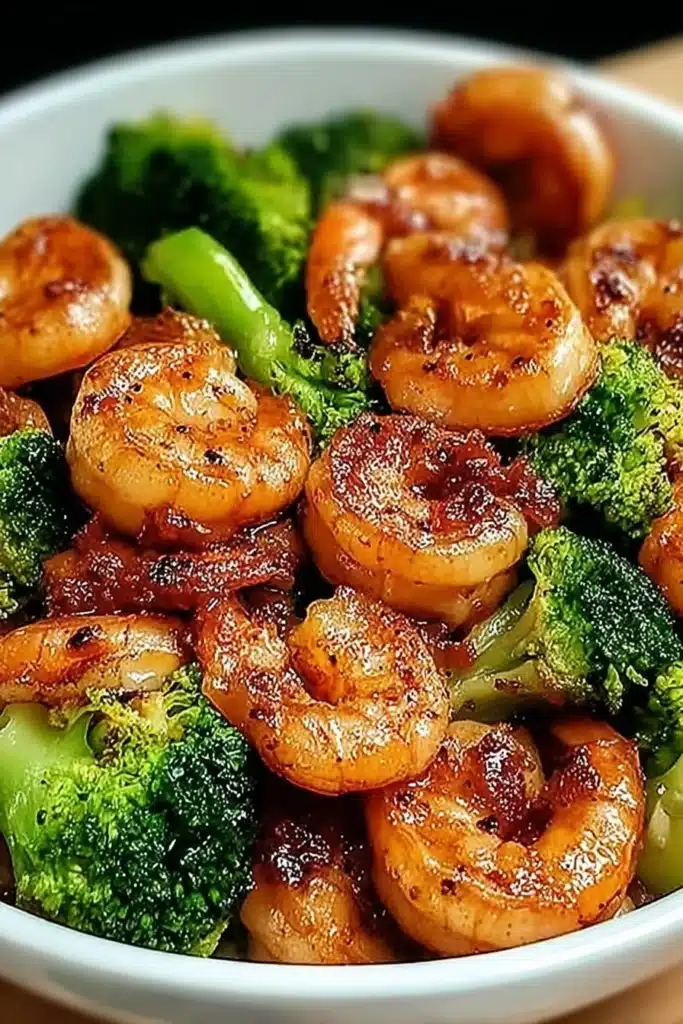 Honey Garlic Shrimp – Sweet, Savory, and Ready in 20 Minutes 1 Honey garlic shrimp with broccoli in a white bowl, glazed and golden brown