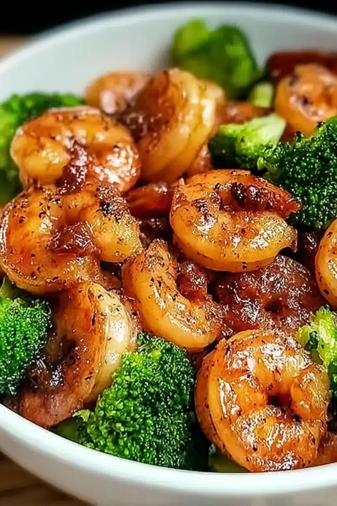 Honey Garlic Shrimp – Sweet, Savory, and Ready in 20 Minutes 2 Honey garlic shrimp with broccoli in a white bowl, glazed and golden brown