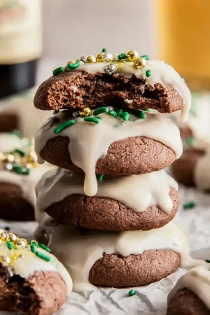 Stacked Irish Cream Cookies with creamy glaze and soft chewy interior