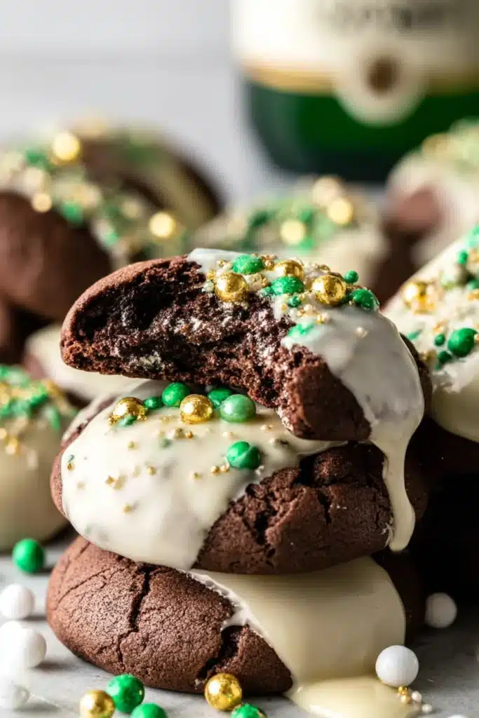 Stacked chocolate Irish cream cookies with white glaze and green gold sprinkles