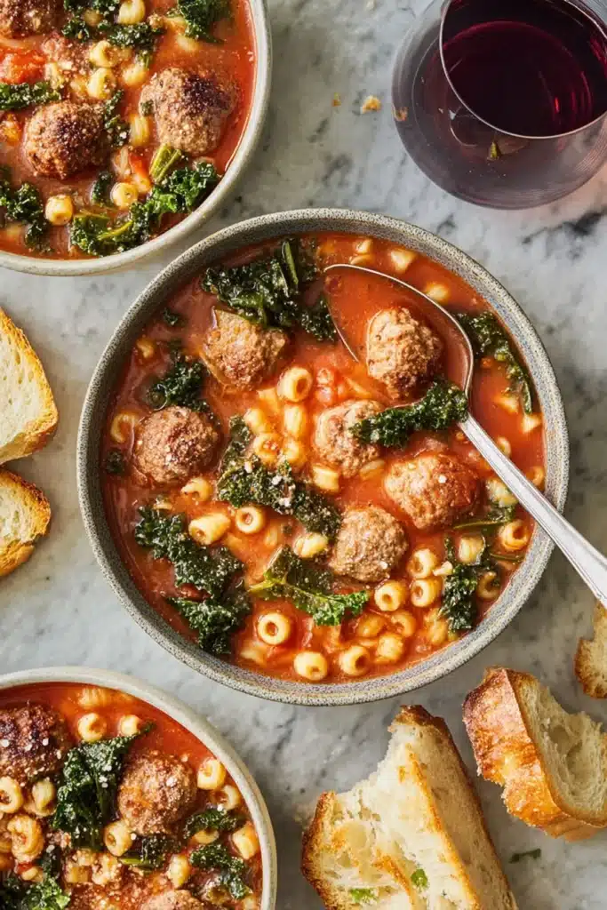 Italian Meatball Soup – Cozy, Flavor-Packed Comfort in a Bowl 2 Bowls of Italian meatball soup with kale, pasta, and crusty bread on marble surface