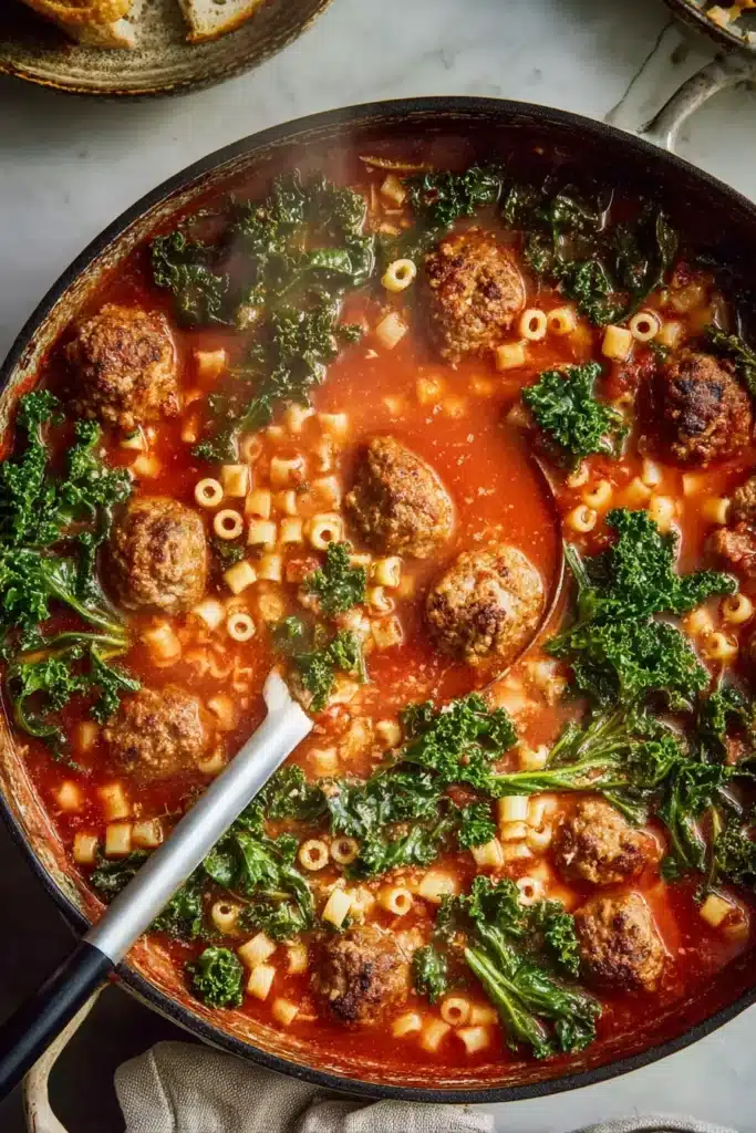 Italian Meatball Soup – Cozy, Flavor-Packed Comfort in a Bowl 1 Hearty Italian meatball soup with kale, pasta, and tomato broth in a rustic pot