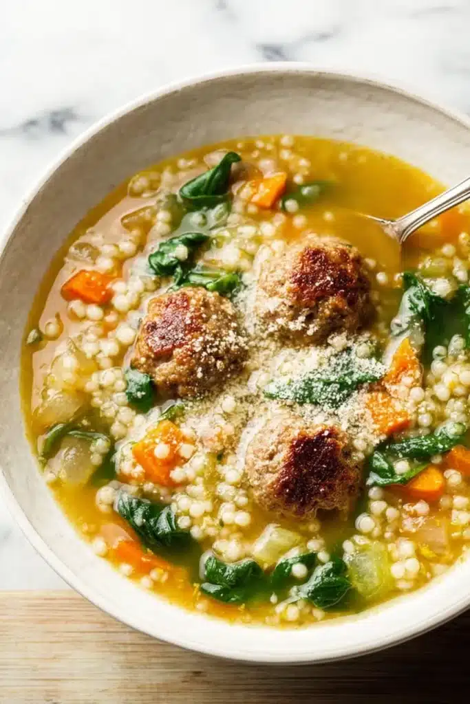 Italian Wedding Soup Recipe with Tender Meatballs 1 Italian wedding soup with meatballs, spinach, and pearl pasta in golden broth