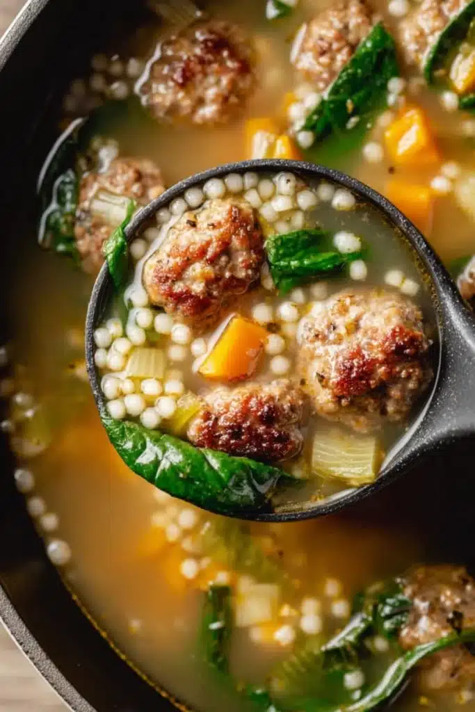 Italian Wedding Soup Recipe with Tender Meatballs 3 Italian Wedding Soup in ladle with meatballs spinach and pearl pasta