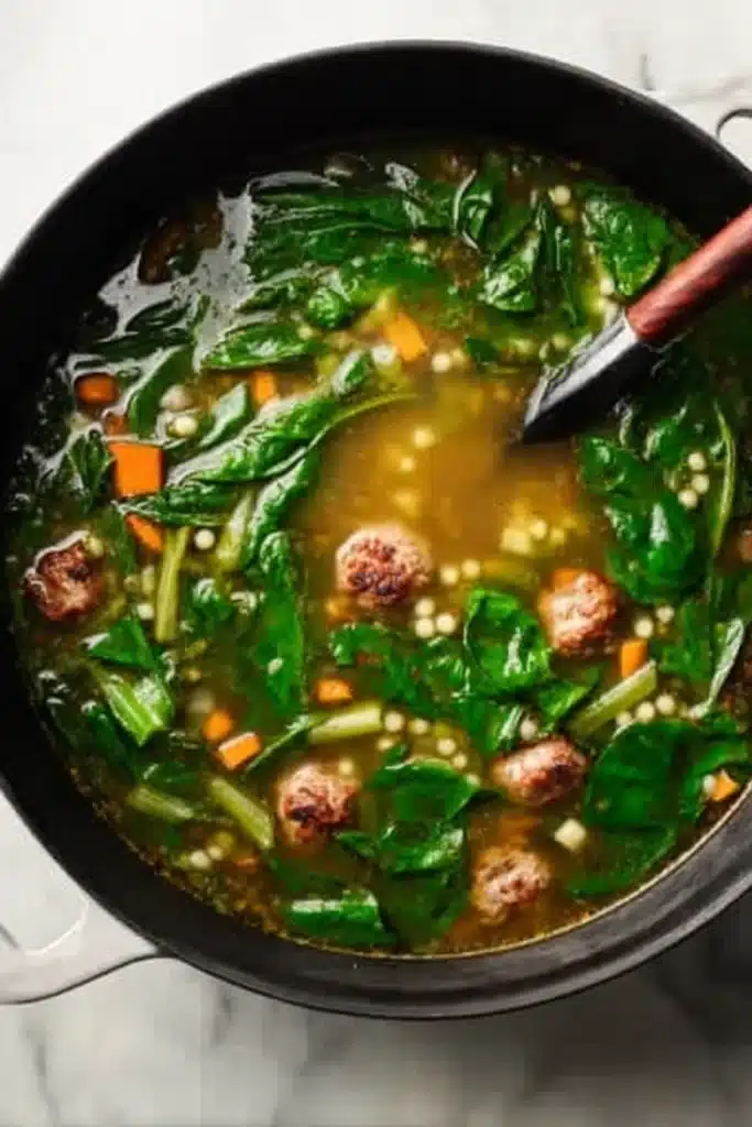 Italian Wedding Soup Recipe with Tender Meatballs 2 Italian Wedding Soup in pot with spinach, meatballs and pearl pasta