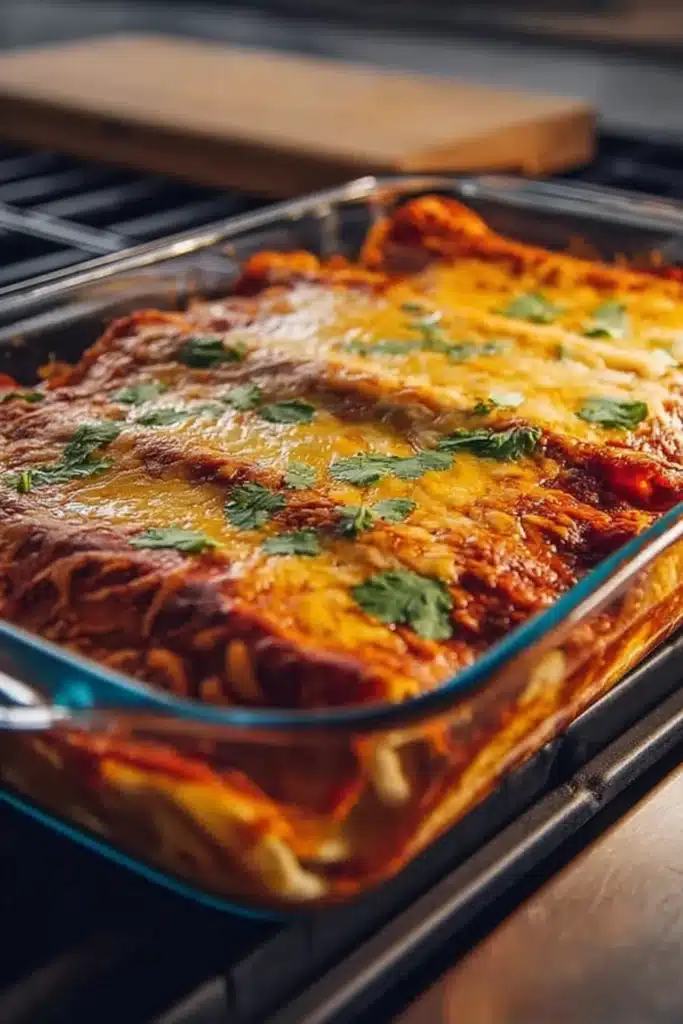 Lazy Enchiladas Easy Weeknight Dinner Everyone Loves 3 Lazy Enchiladas baked in a glass dish with melted cheese and red sauce