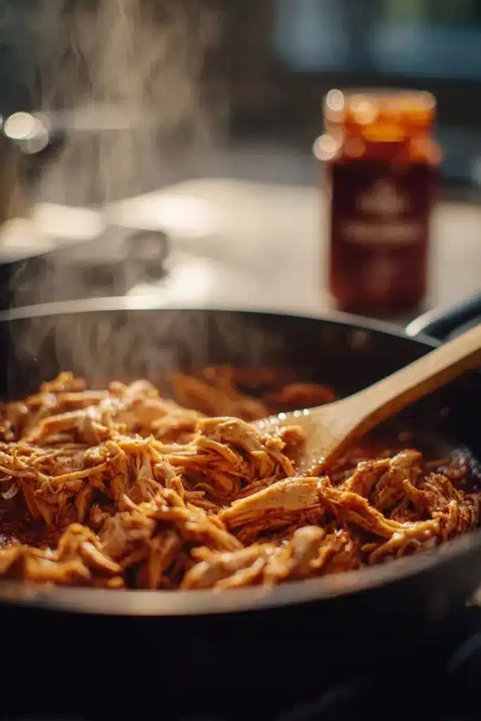 Lazy Enchiladas Easy Weeknight Dinner Everyone Loves 2 Lazy Enchiladas shredded chicken cooking in a skillet with seasoning and steam