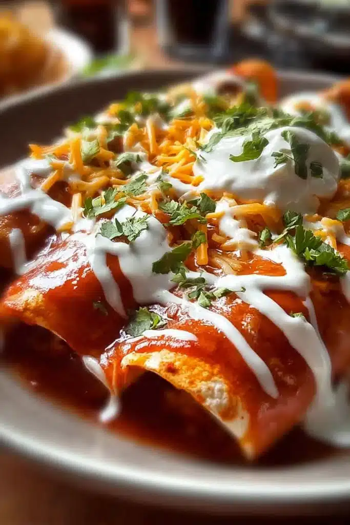 Lazy Enchiladas Easy Weeknight Dinner Everyone Loves 4 Lazy Enchiladas with red sauce, sour cream drizzle, cheese, and cilantro