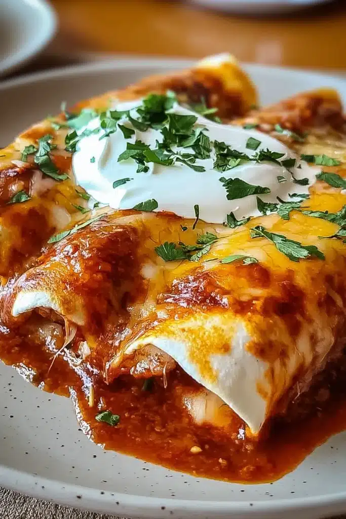 Lazy Enchiladas Easy Weeknight Dinner Everyone Loves 1 Cheesy lazy enchiladas with red sauce, melted cheese, cilantro, and sour cream on a plate