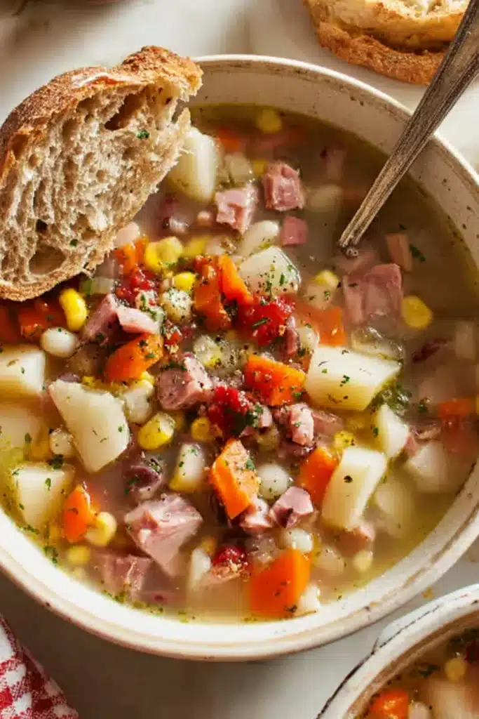 Bowl of leftover hambone soup with ham, vegetables, and bread