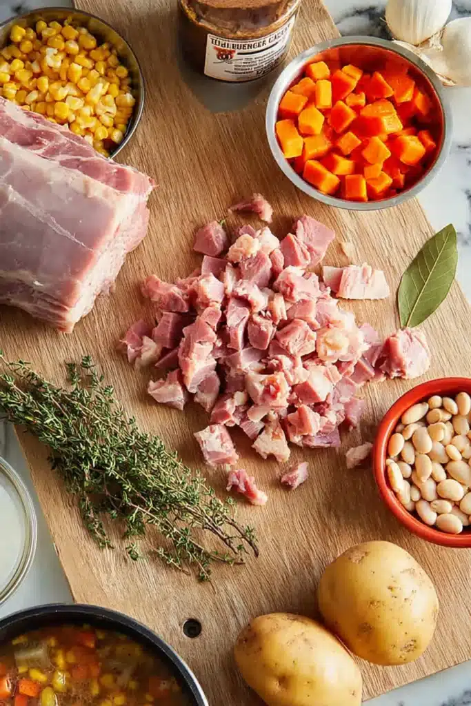 Leftover hambone soup ingredients on cutting board with vegetables and herbs