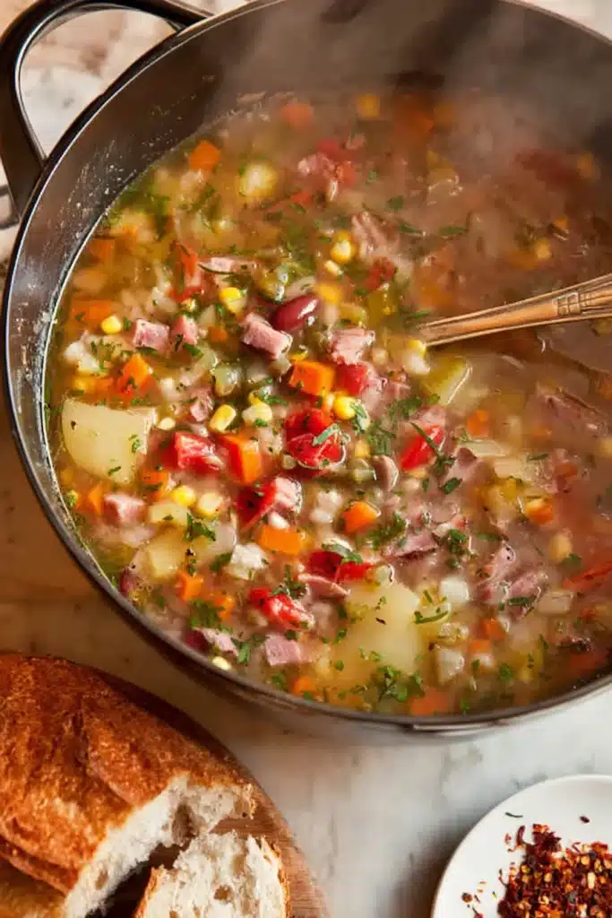 Rustic pot of leftover hambone soup with vegetables, beans, and crusty bread on a wooden table