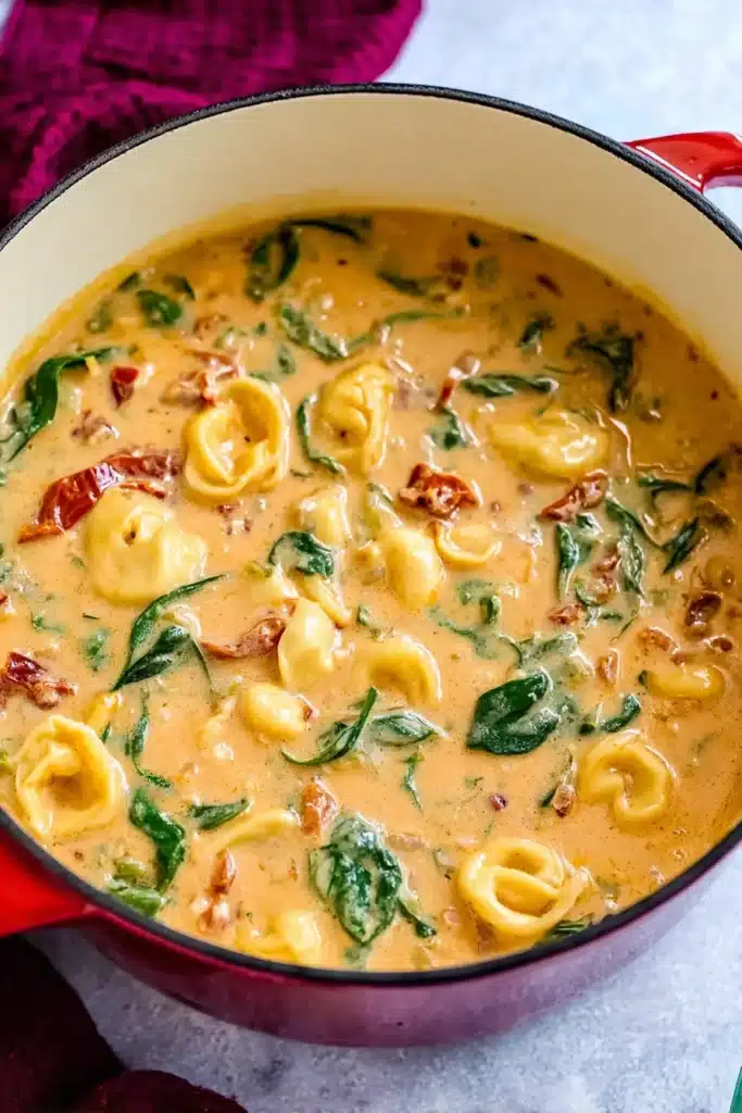 Creamy Marry Me Chicken Soup simmering in red pot with spinach and pasta