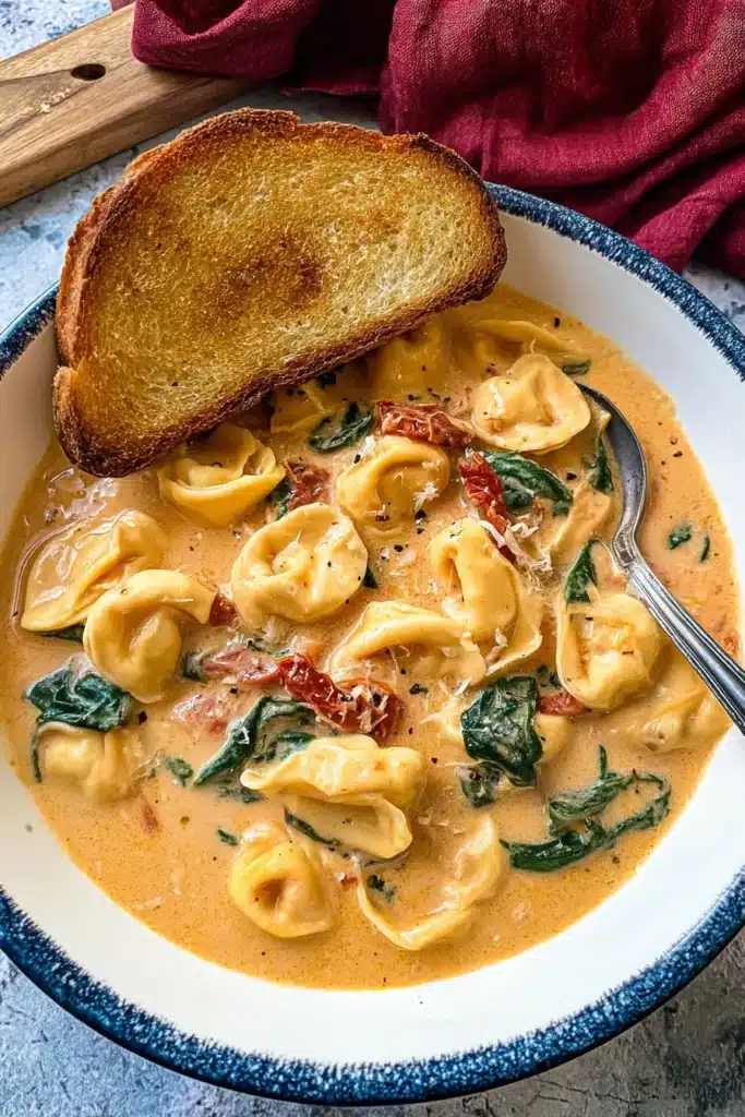Creamy Marry Me Chicken Soup with spinach, pasta, and toasted bread in rustic bowl